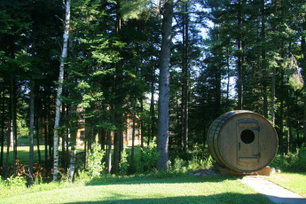 I love me some barrel sauna time! In the distance, you can see another cottage. Lots of privacy.
