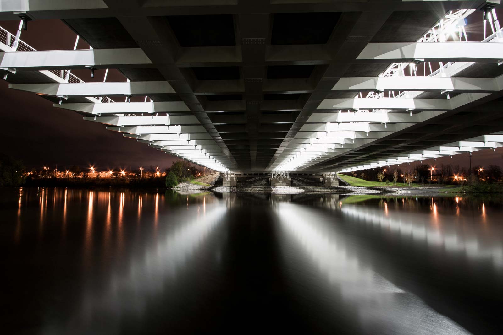 A night time view from under Vimy Bridge in Ottawa